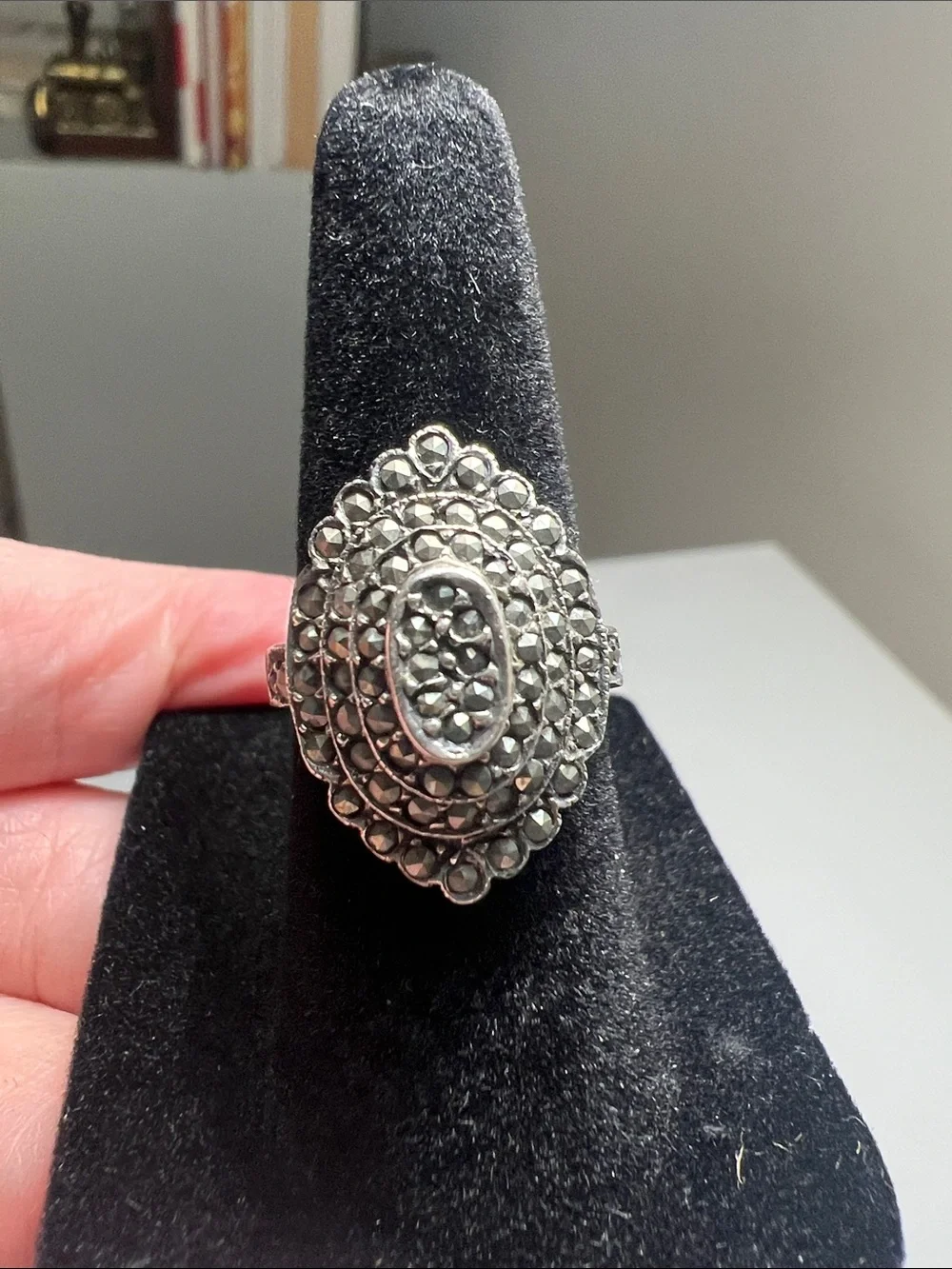 Unique Silver- Tone Black Marcasite Stones in an Oval Cluster Ring Vintage